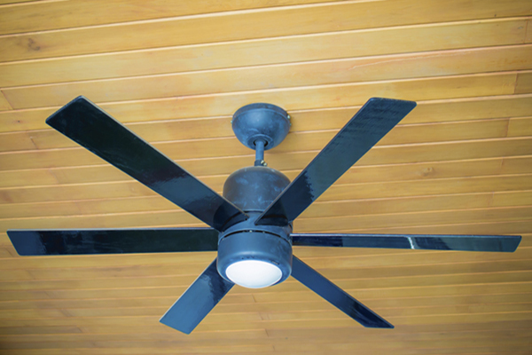 black ceiling fan on wood ceiling